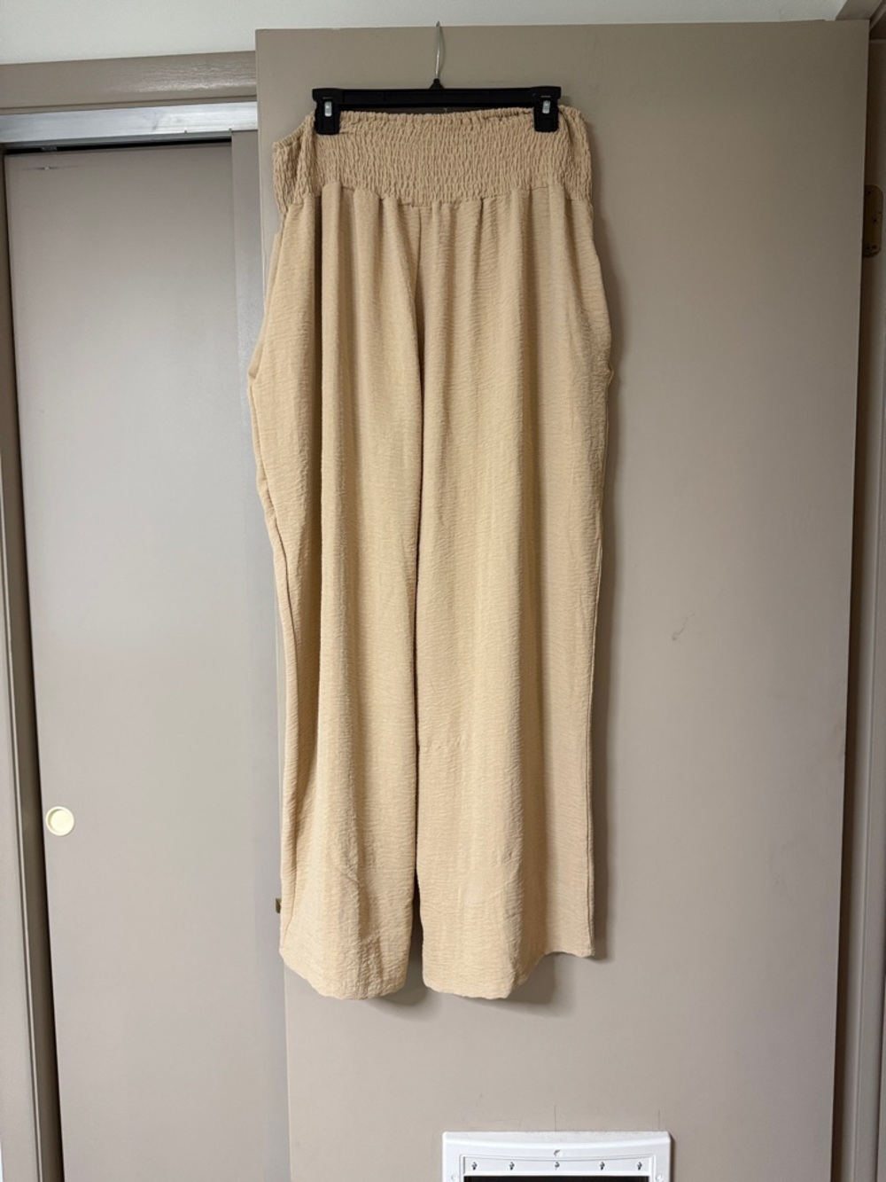 Beige Wide Leg Smocked Waist Pants